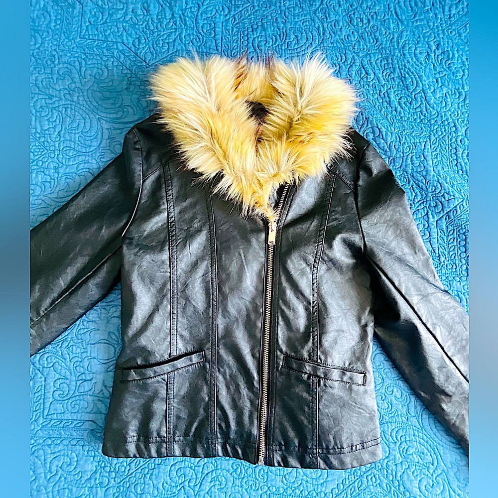 H&M Original Girls Leather Jacket with Faux Fur and beautiful Gold Detailing